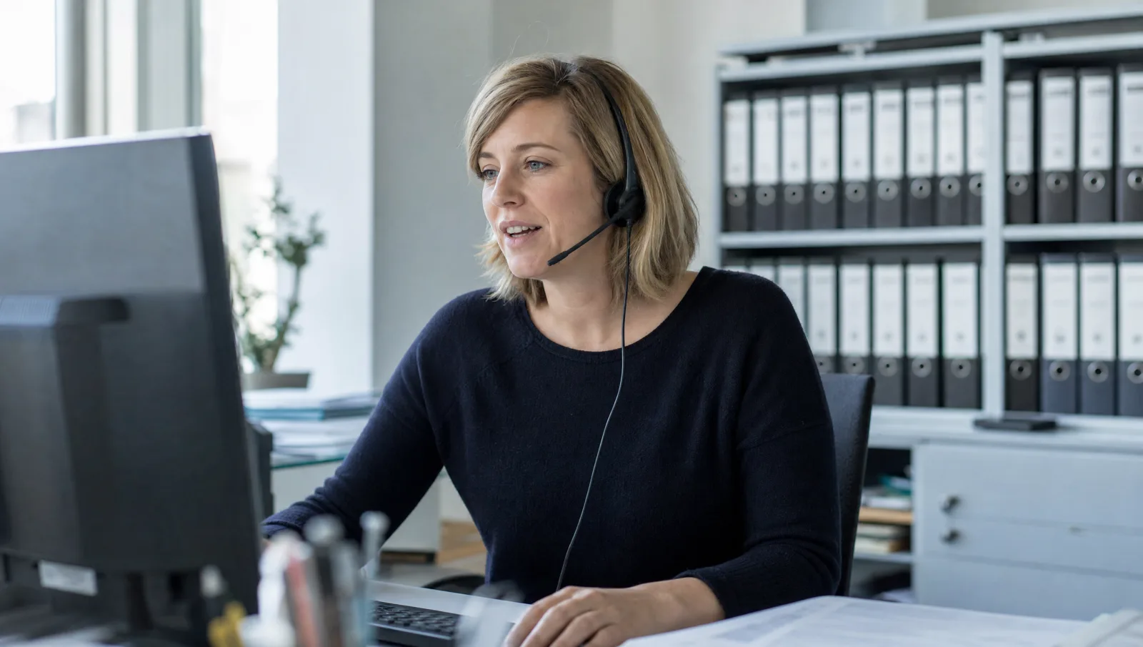 Mitarbeiterin einer Hausverwaltung nimmt Mieteranrufe am Telefon-Arbeitsplatz an