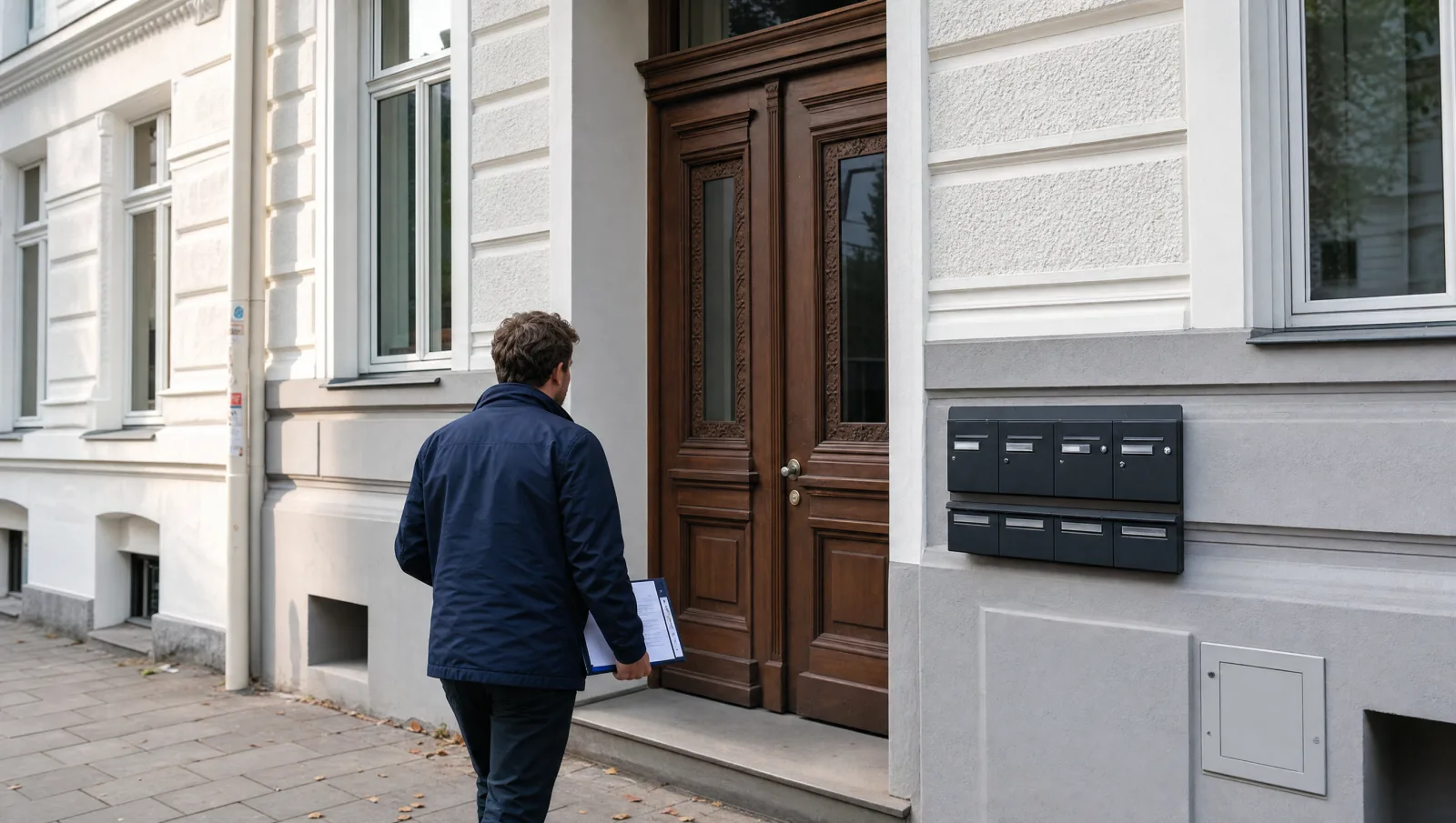 Verwalter mit Unterlagen am Eingang eines Mehrfamilienhauses